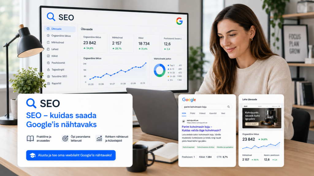 SEO kursuse illustratsioon Google’i otsingutulemuse ja analüütika vaatega
